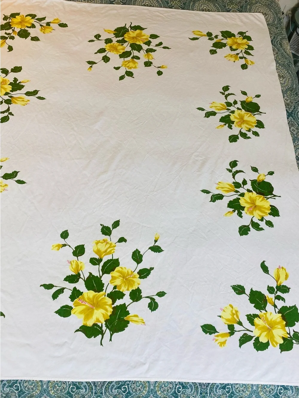 Vintage 50s California Hand Prints Tablecloth yellow hibiscus floral